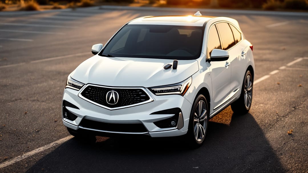 A white Acura MDX luxury SUV parked near the Highway 360 corridor in Arlington Texas at golden hour with a smart key fob and locksmith programmer on the hood.