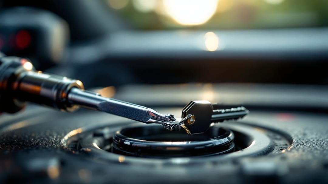 A locksmith broken-key extraction tool positioned beside a snapped car key at an ignition cylinder inside a parked car in Arlington, Texas.