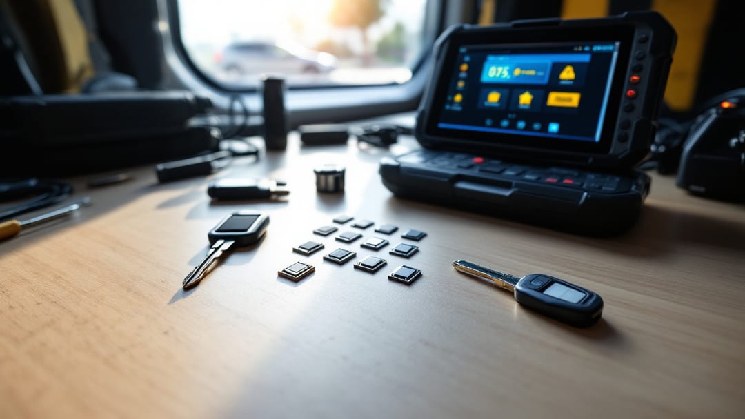 A diagnostic tablet, transponder chips, and a freshly cut car key on a mobile locksmith workbench in Arlington, Texas.