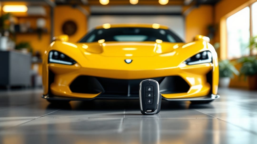 A yellow sports coupe parked in a bright Arlington TX garage with a proximity key fob on the floor in front of it