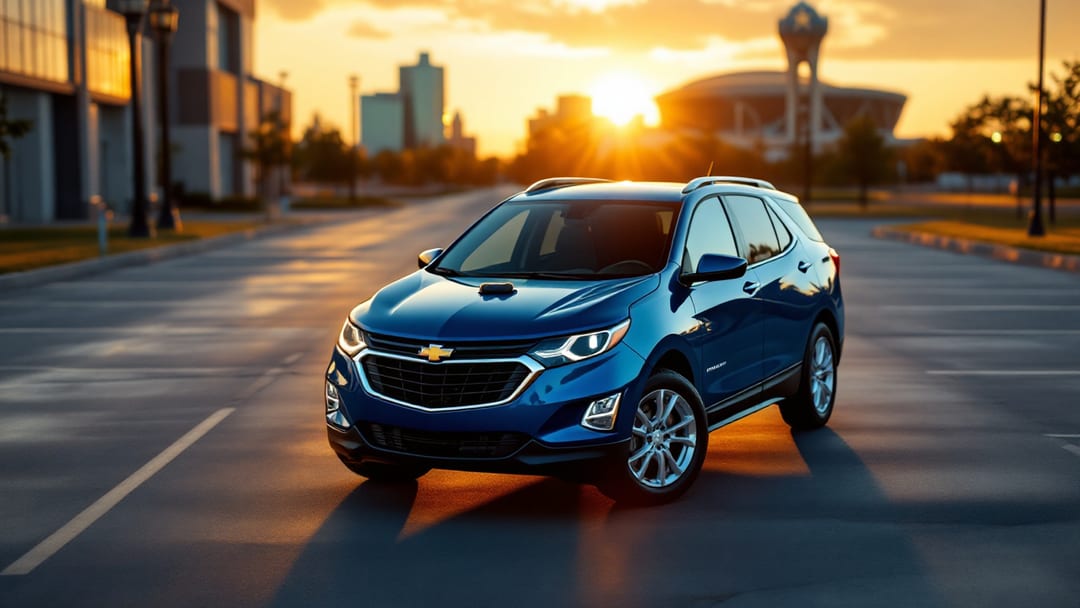 Chevrolet Equinox parked near a stadium lot in Arlington TX with a diagnostic tablet and remote head key on the hood at golden hour