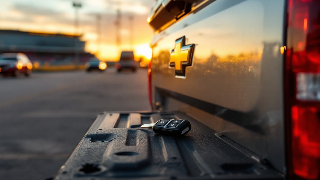 Chevrolet Silverado proximity smart key and programming tool on the tailgate in Arlington TX