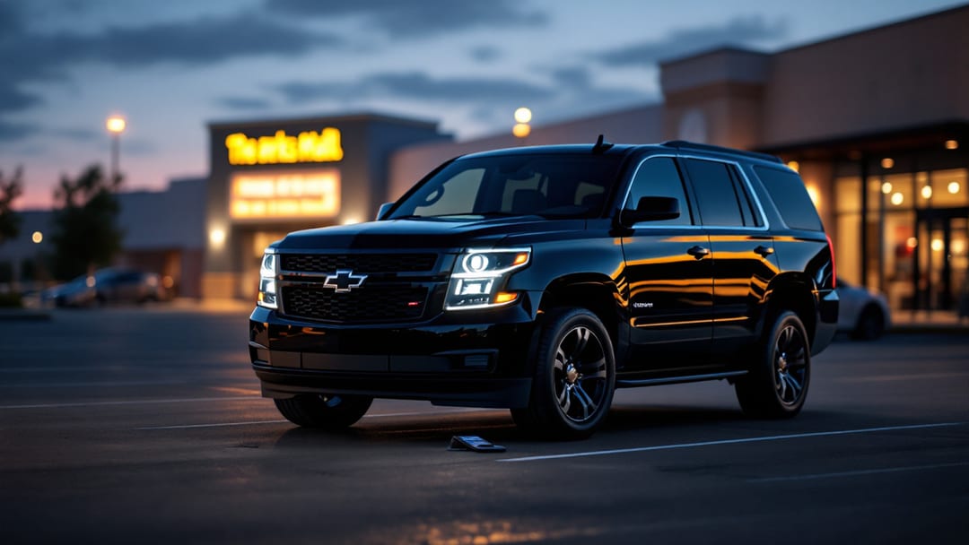 A black Chevrolet Tahoe SUV parked outside The Parks Mall in Arlington at dusk with a smart key fob and a locksmith programming tablet resting on the hood.