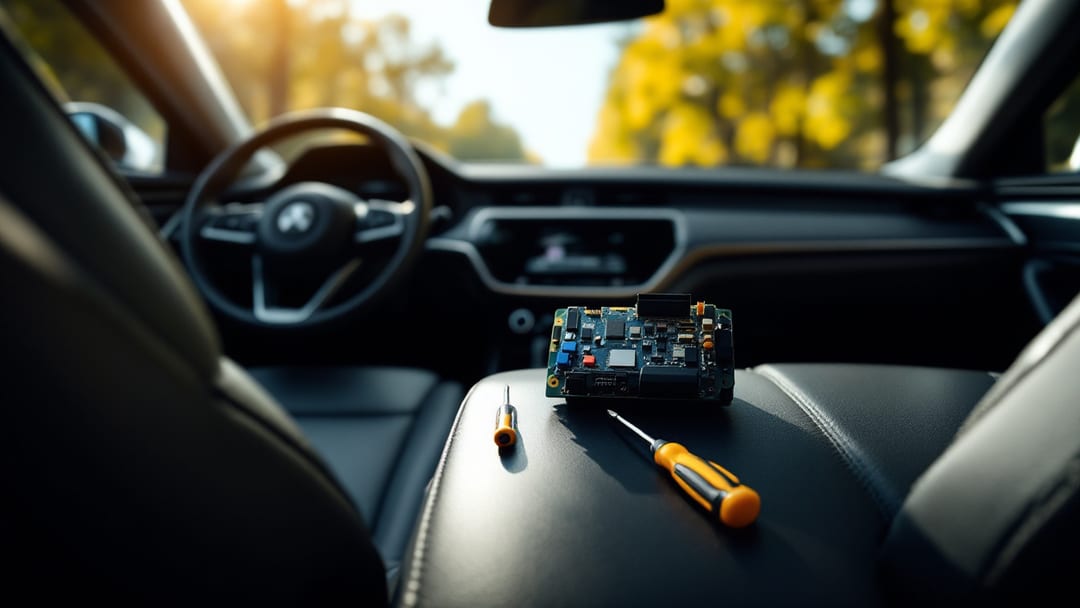 Interior of a Chrysler 300 sedan in Arlington TX showing the steering column and ignition area with a technician tool on the seat