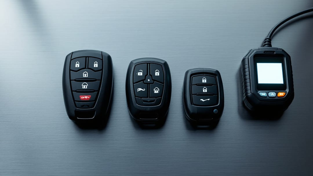 Three generations of Chrysler family key fobs laid out on a workbench beside a programming tool in Arlington TX