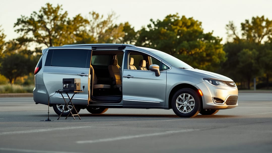 Silver Chrysler minivan with sliding door open in an Arlington TX parking lot while a locksmith cuts a replacement FOBIK key