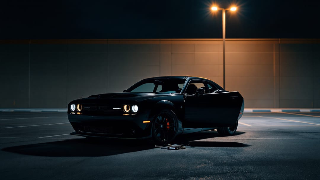A black Dodge Challenger muscle car parked at night in an Arlington TX lot with a locksmith programming tool plugged in below the dash