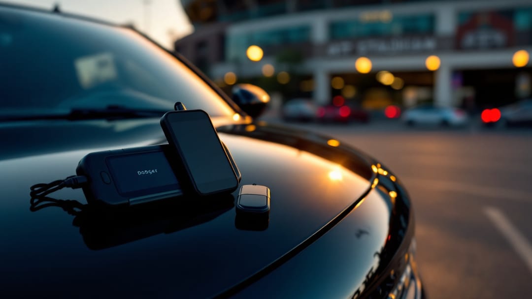 Dodge Charger with a locksmith programming tool and smart-key fob in an Arlington TX parking lot at golden hour