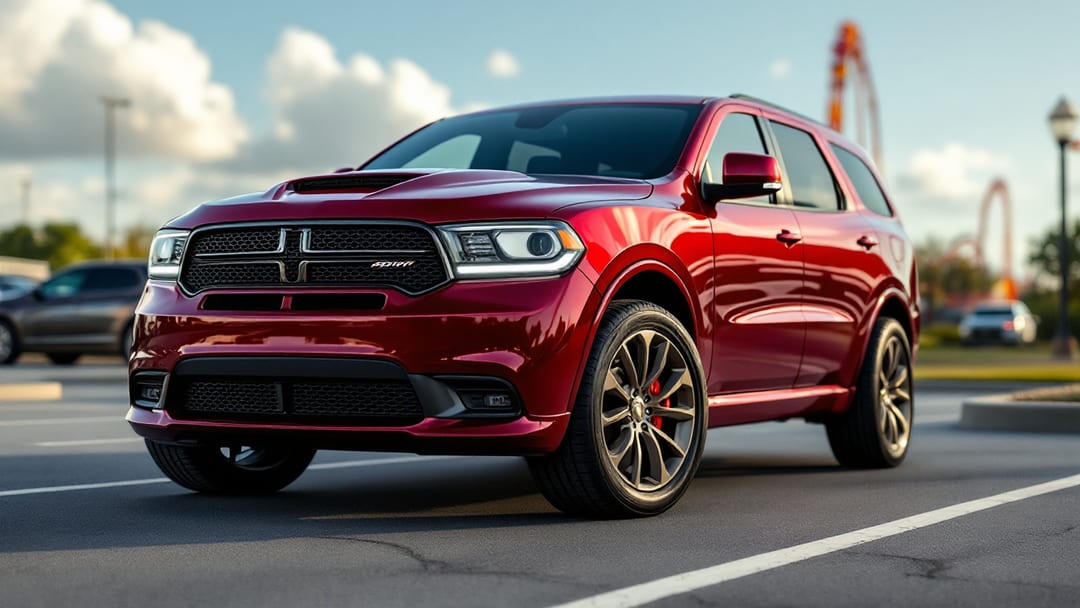 A dark red Dodge Durango SUV parked near Six Flags in Arlington Texas with a proximity smart key and diagnostic programmer resting on the hood.