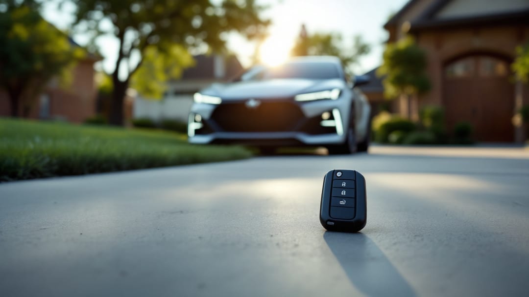 Black proximity key fob on an Arlington TX driveway with a modern compact crossover SUV parked behind it