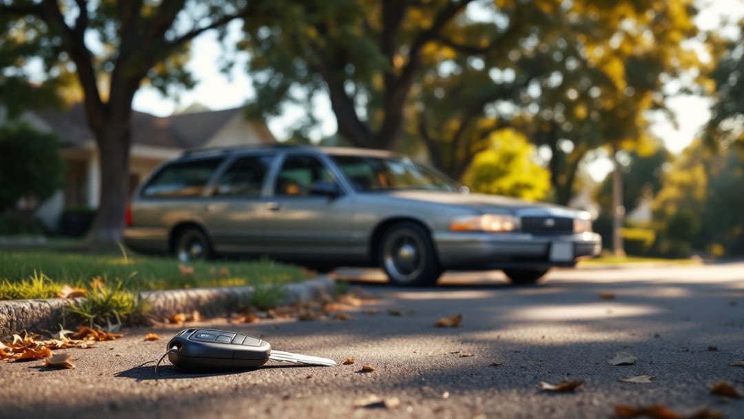 Remote key fob lying on a shaded Arlington TX street with a mid-2000s American station wagon parked behind it