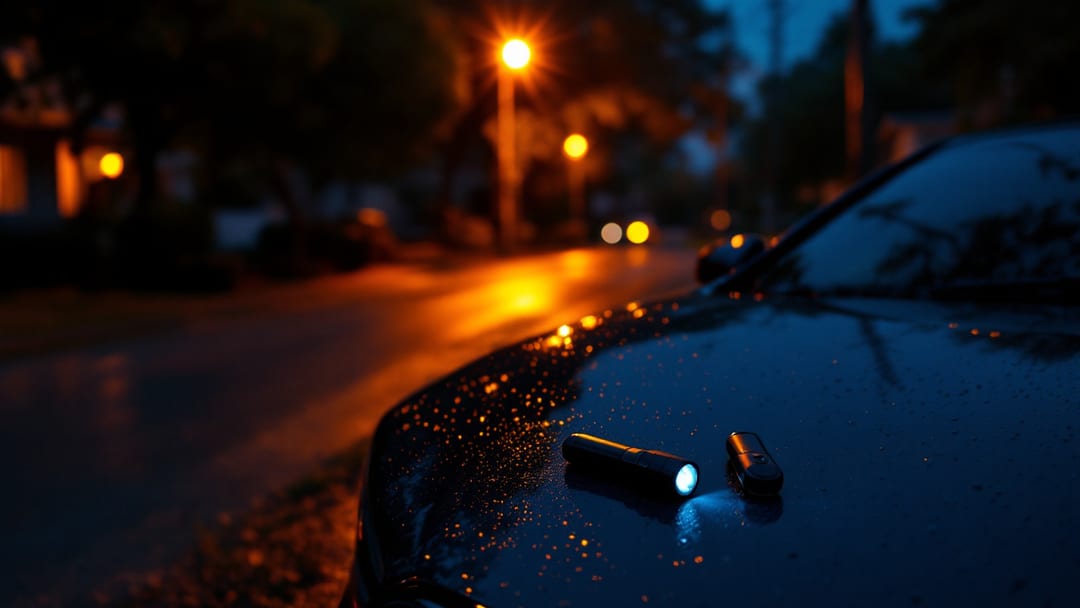 Locksmith service van parked at night beside a locked sedan on an Arlington TX street with headlights and streetlight glow
