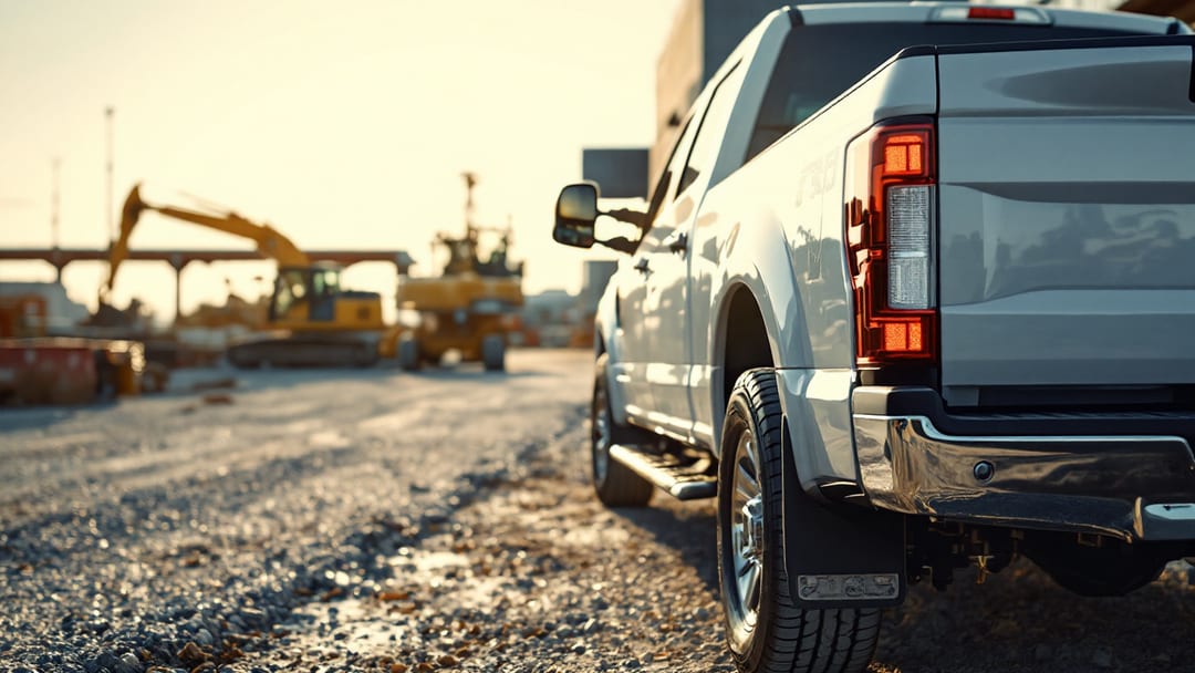 A white Ford F-250 Super Duty pickup at an Arlington construction staging area with a cut transponder truck key and key-cutting machine on the tailgate.