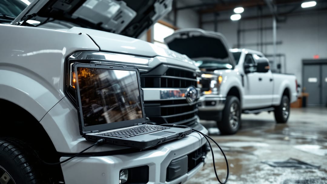 A Ford pickup truck with the hood up in an Arlington TX shop lot and a diagnostic laptop connected for PCM programming