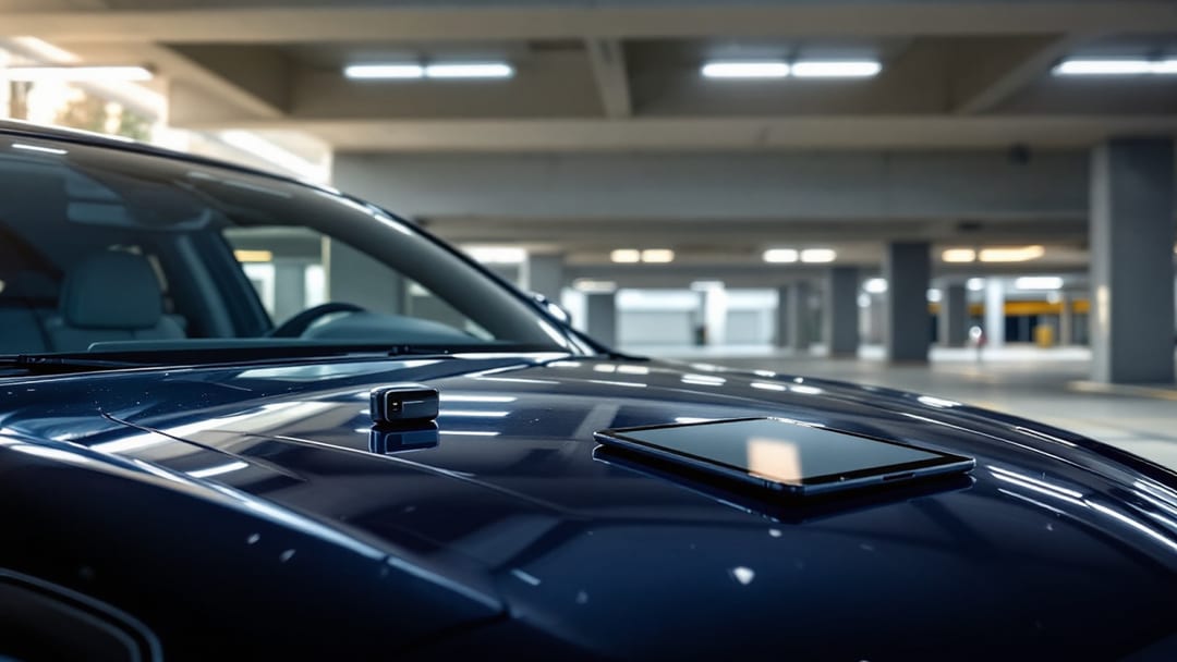 Genesis luxury sedan in a covered parking structure in Arlington TX with a smart key fob and programming tablet on the center console