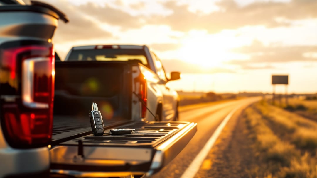 A silver GMC Sierra Denali pickup at golden hour with a locksmith programming tool and flip key resting on the open tailgate.