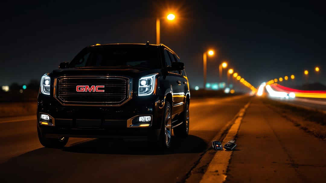 GMC Yukon full-size SUV on a highway shoulder near Arlington TX at night with a locksmith key programmer on the running board