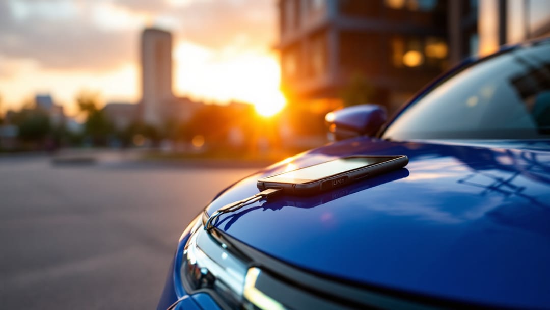A blue Honda Civic hatchback parked near UTA with a transponder key and a locksmith programming tablet resting on the hood at late afternoon.
