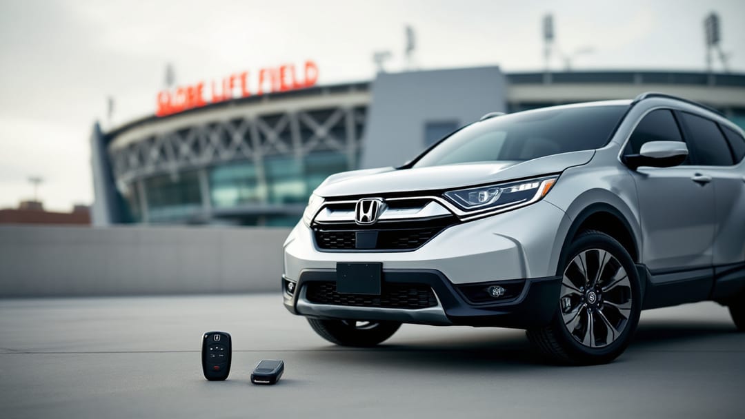 A silver Honda CR-V SUV parked outside Globe Life Field in Arlington Texas with a smart-key fob and a locksmith programming device resting on the hood.