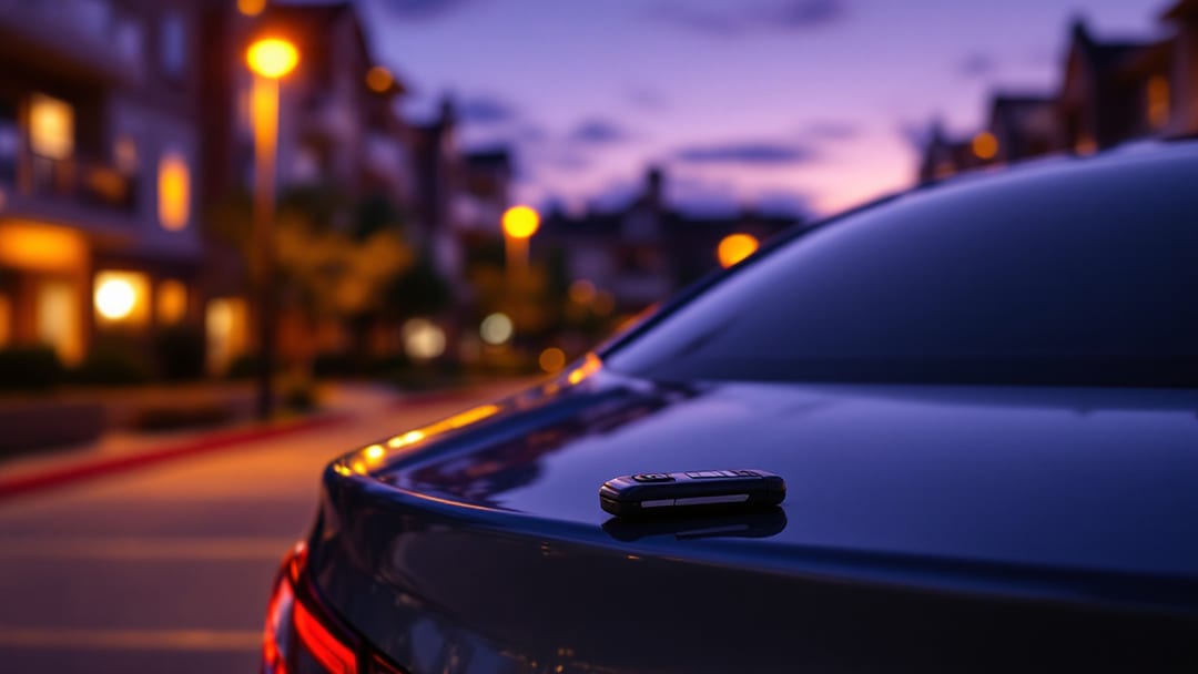 Hyundai Elantra sedan in an apartment parking lot in Arlington TX with a key programmer and flip key on the trunk lid at dusk
