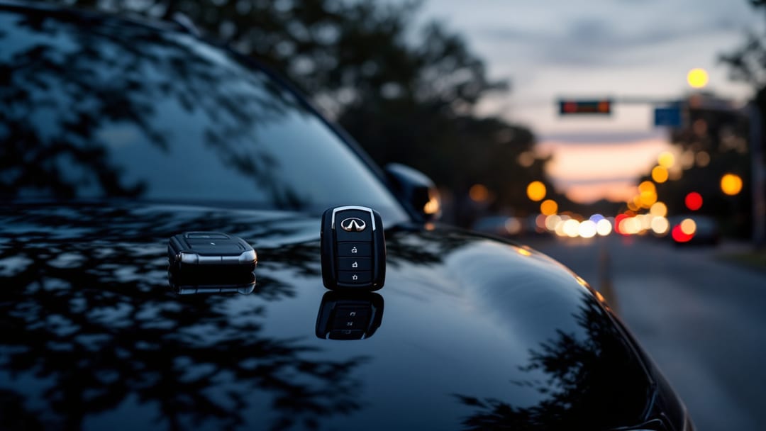 A black Infiniti QX60 luxury SUV parked on an Arlington Texas street at dusk with an Intelligent Key and locksmith diagnostic tablet resting on the hood.