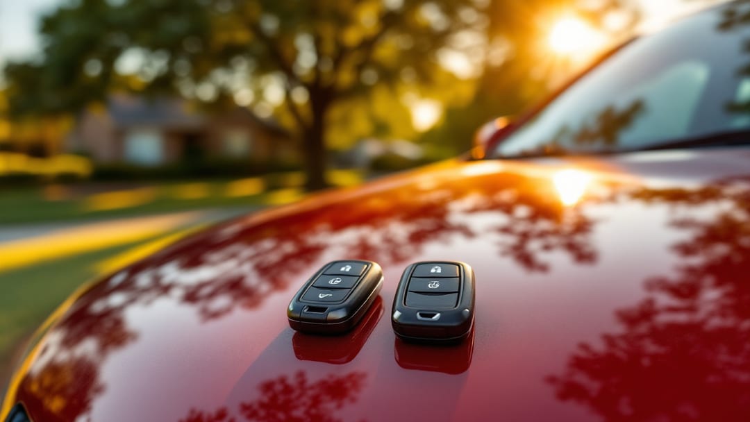 A 2014-2023 Jeep Cherokee KL parked on an Arlington TX driveway with two matching key fobs resting on the hood in afternoon light