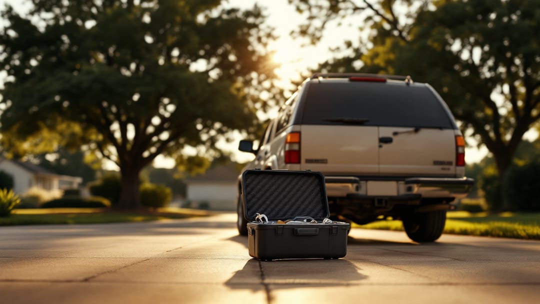 Boxy mid-2000s American SUV parked on an Arlington TX driveway with a locksmith key cutting case open on the tailgate