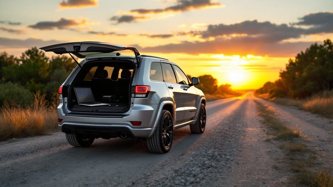 Jeep Grand Cherokee proximity smart key and programming laptop in an Arlington TX parking lot at golden hour