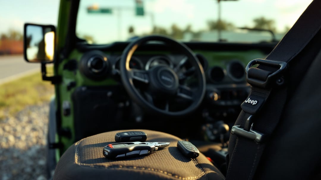 A green Jeep Wrangler with the top removed parked on a gravel lot at sunrise with a locksmith key-cutting tool and Jeep fob resting on the front seat.