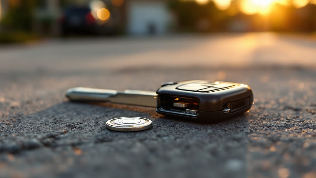 Key fob battery replacement in Arlington TX with an open car remote and a fresh CR2032 coin cell on a driveway