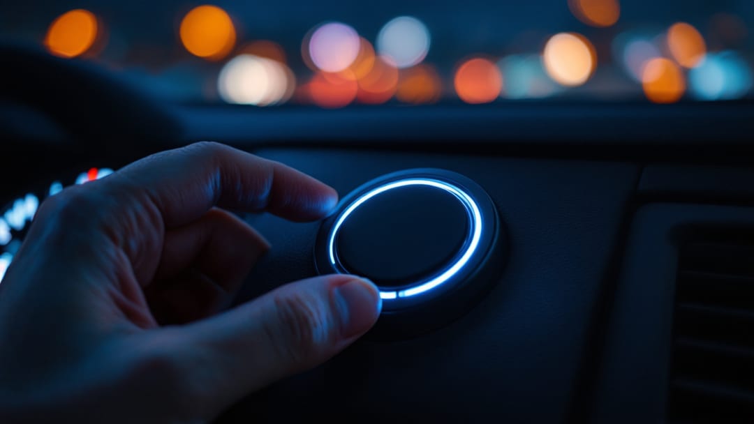 Driver pressing the illuminated push-button start on a vehicle dashboard at night in Arlington TX