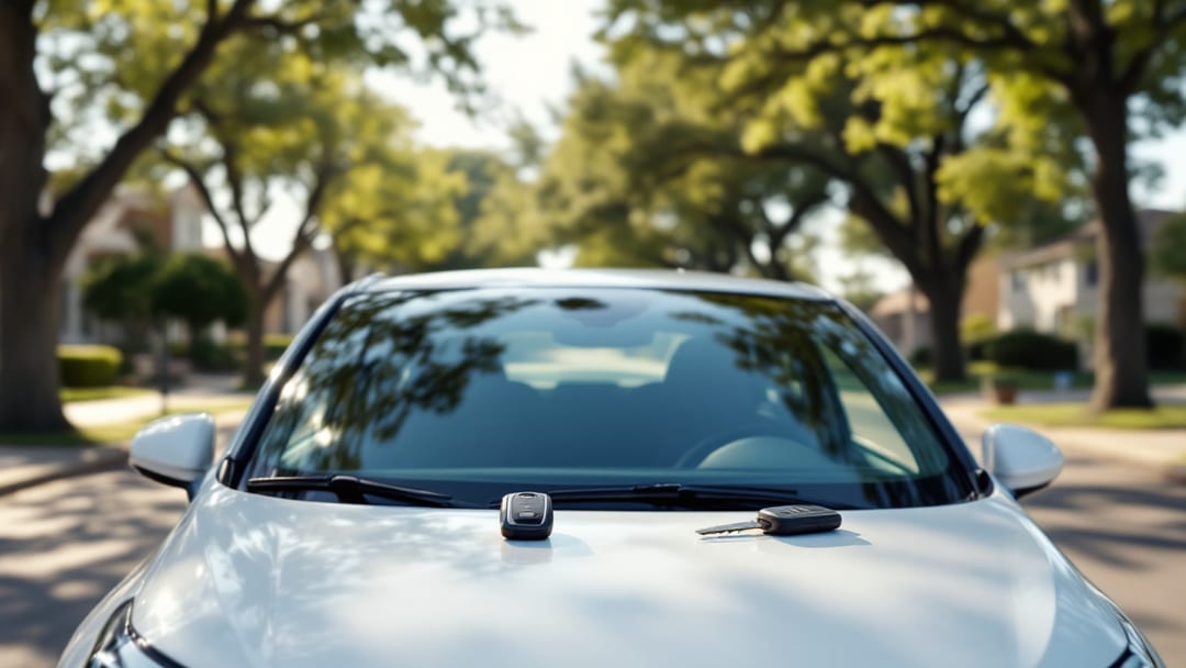 A Kia Soul compact car parked on an Arlington TX street with a smart key fob and cut blade on the dashboard