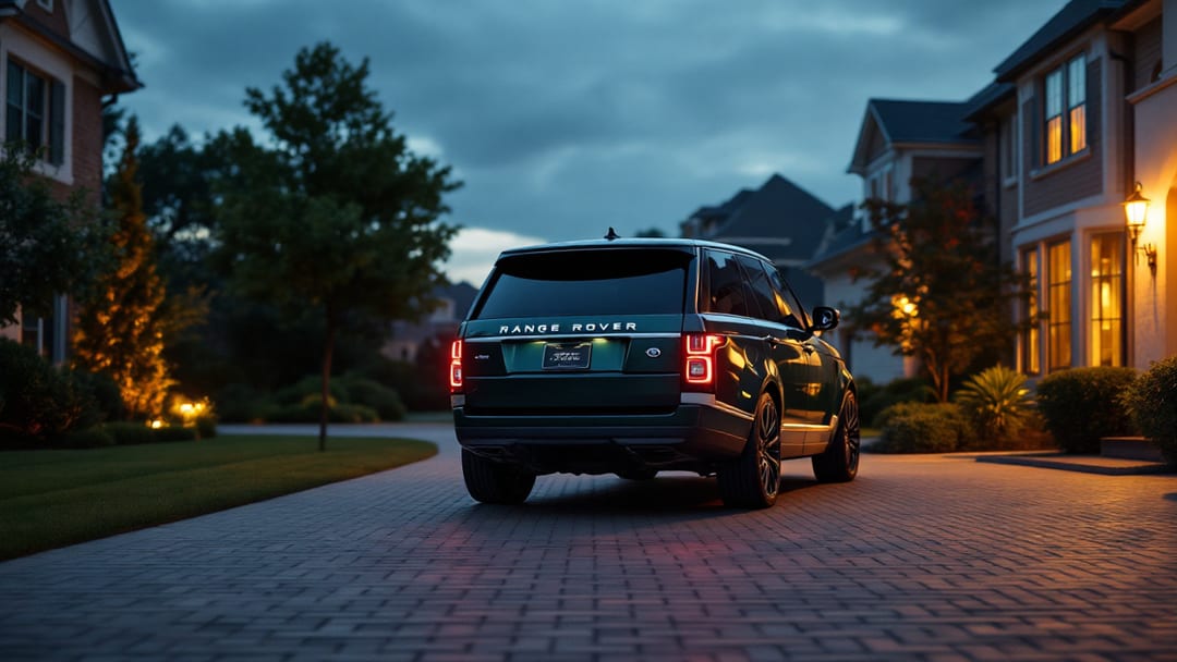 Dark green Range Rover parked on an Arlington TX driveway with a black smart key fob and programming tool on the tailgate
