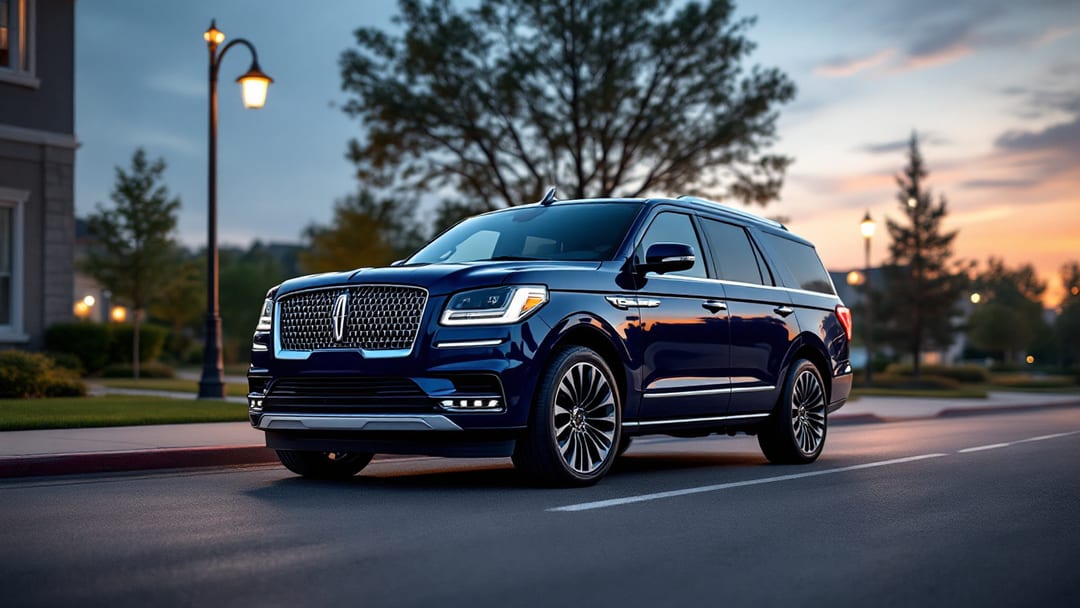 A dark blue Lincoln Navigator parked at evening in Arlington Texas with a smart key fob and locksmith programming tool resting on the hood.