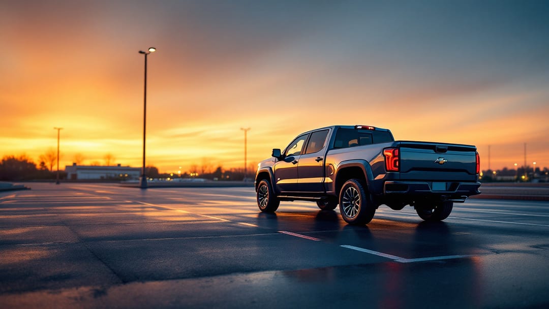 Full-size pickup truck parked alone in an empty Arlington TX parking lot at dusk waiting for mobile lockout service