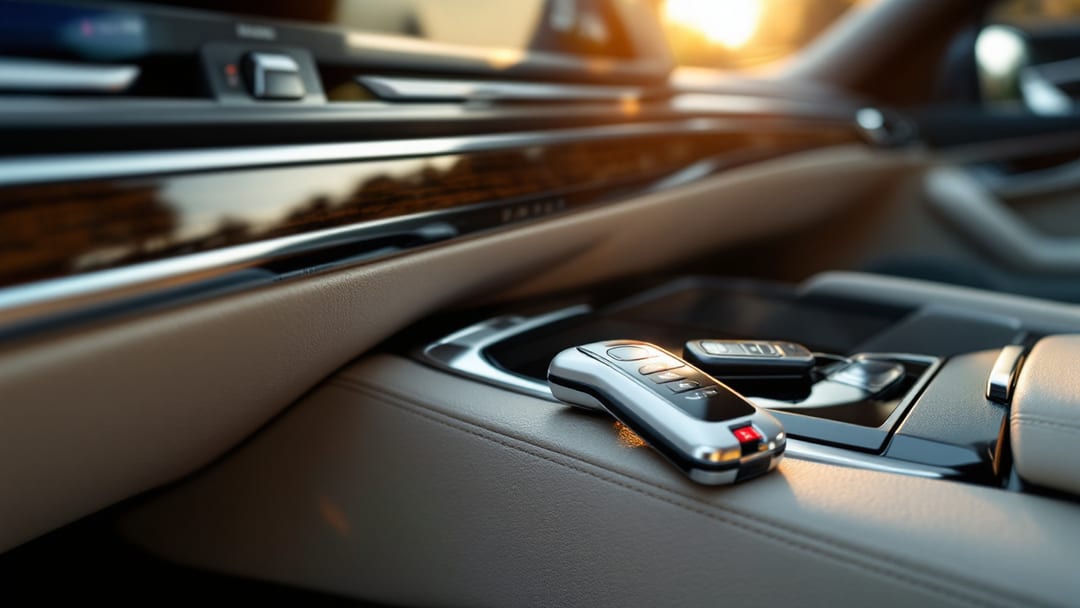 Dashboard and ignition slot of a Mercedes-Benz sedan in Arlington TX with diagnostic equipment on the passenger seat