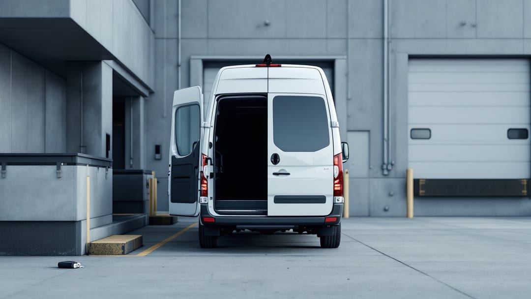 Mercedes Sprinter cargo van at a loading dock near Arlington TX with a key programming tool on the rear bumper in early morning light