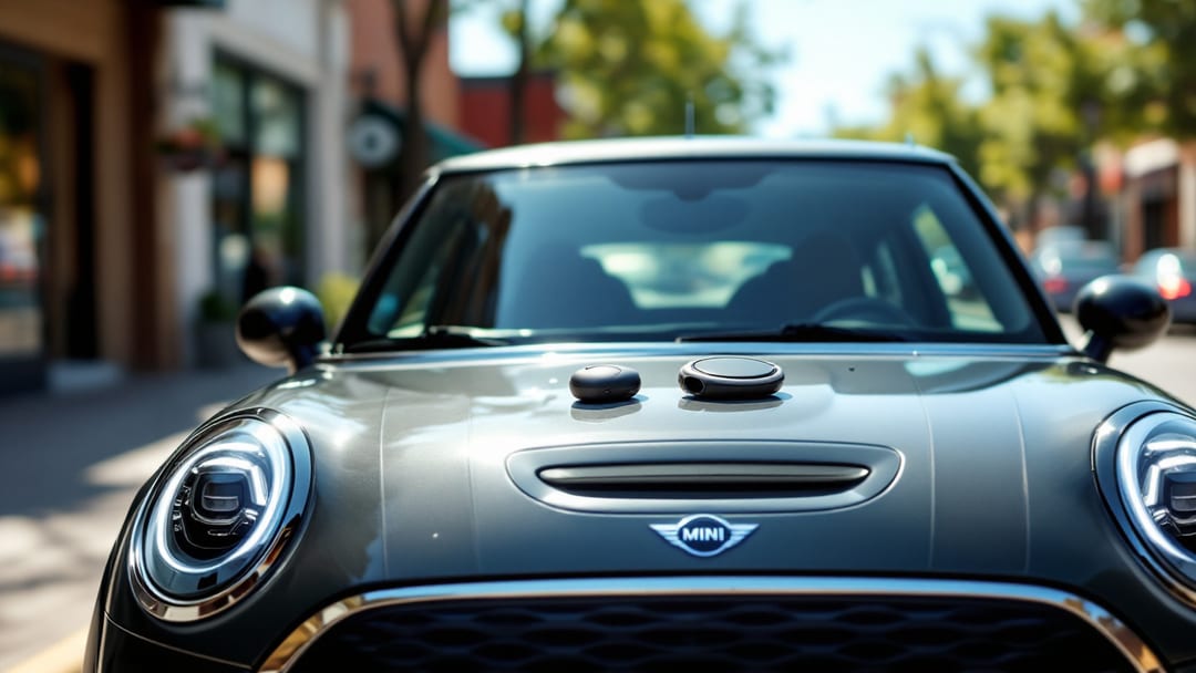 MINI Cooper parked on an Arlington TX street with a round MINI key fob and programming tool resting on the roof