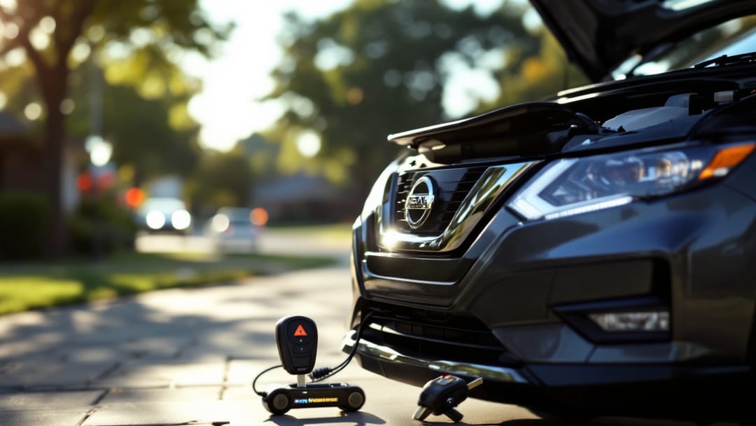 A gray third-generation Nissan Rogue in an Arlington Texas driveway with an Intelligent Key fob and a locksmith diagnostic tool resting on the hood.