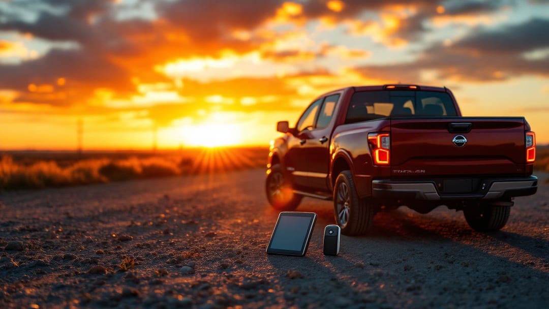 Nissan Titan pickup in a gravel lot near Arlington TX with a locksmith diagnostic tablet and Intelligent Key fob on the fender at sunset