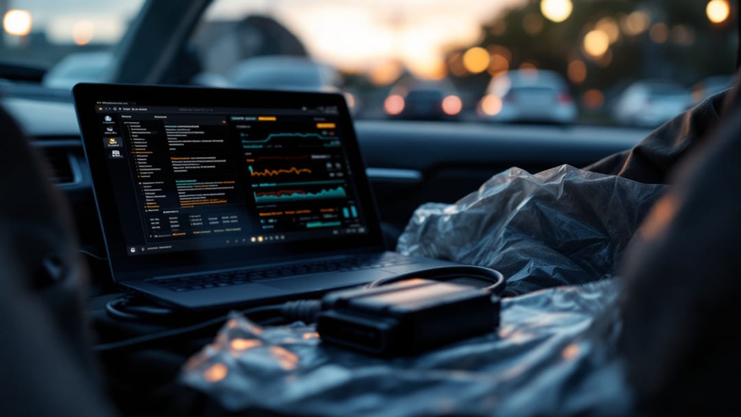 Automotive technician laptop connected to a vehicle OBD port in Arlington TX while a replacement engine control module is programmed