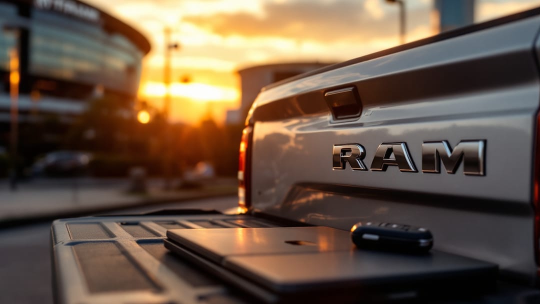 RAM 1500 pickup with a locksmith programming a proximity key fob in an Arlington TX parking lot