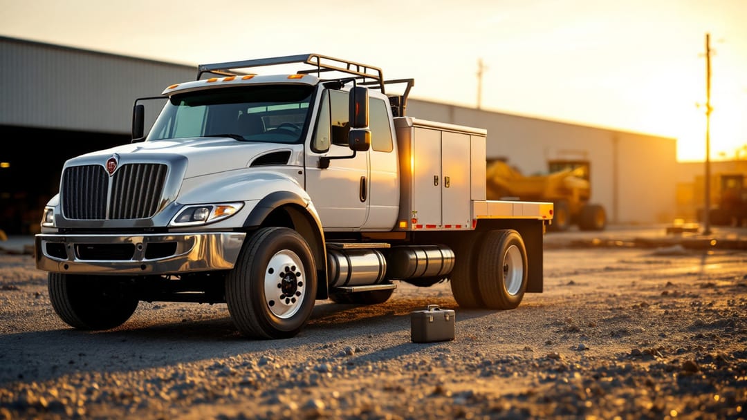 Heavy-duty chassis cab work truck with a utility body parked in an Arlington TX contractor yard at sunrise