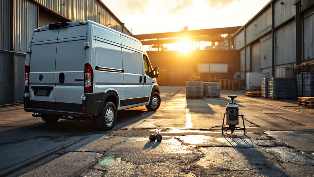 White Ram ProMaster cargo van at an Arlington TX work yard with a key cutting machine and spare van key on the rear bumper