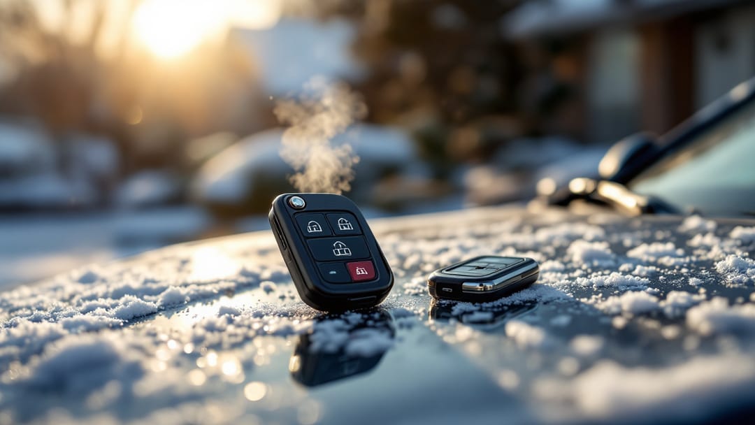 Hand-free view of a remote start fob and diagnostic tool on a car hood in an Arlington TX driveway on a frosty winter morning
