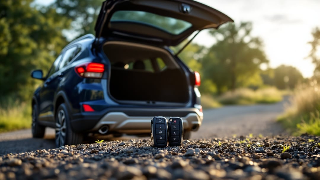A Subaru Crosstrek compact SUV parked at an Arlington TX trailhead lot with two key fobs on the tailgate