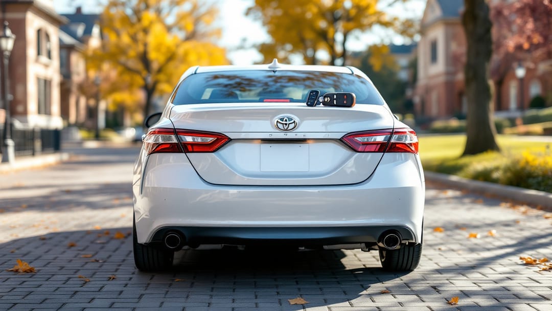 A white Toyota Camry sedan parked near UTA with a smart-key fob and a locksmith programming device resting on the trunk lid in daylight.