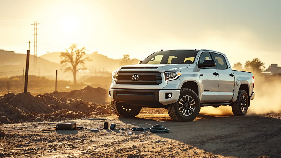 Toyota Tundra pickup at a construction site near Arlington TX with a key programmer and smart fob on the tailgate in afternoon light