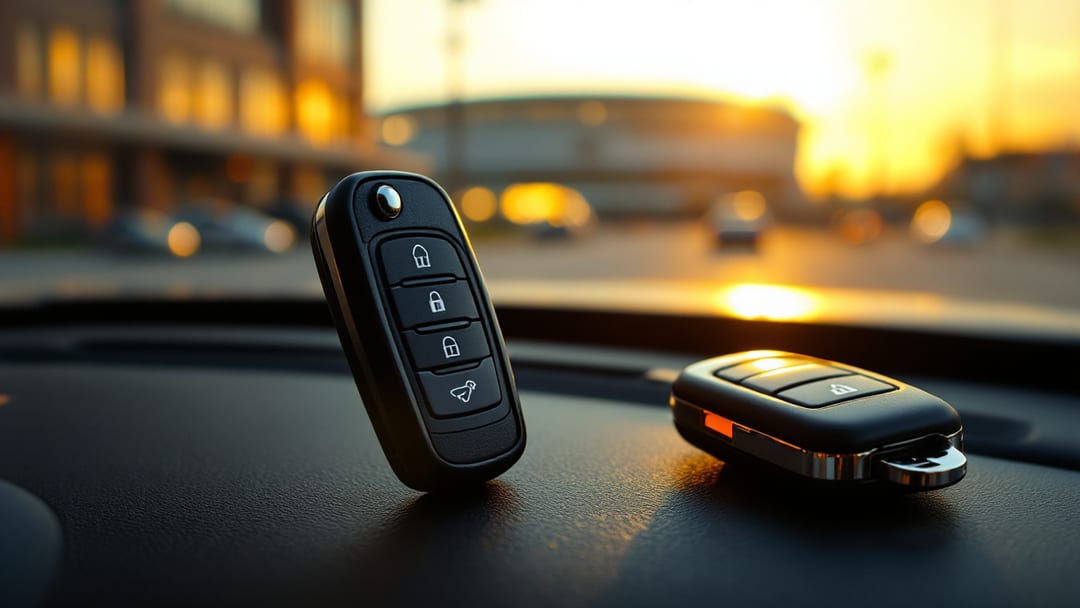 Transponder chip key and proximity smart key fob on a car dashboard in Arlington TX