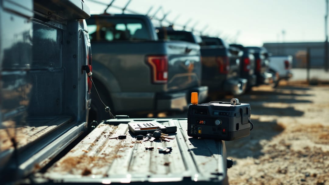 Row of pickup trucks in a contractor yard near Arlington TX with a locksmith key cutting machine set up on a tailgate at midday